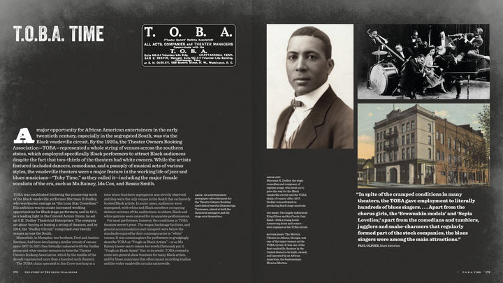 A magazine spread about "The Story of the Blues in 50 Songs" by Schiffer Publishing, Ltd. features a bold title, vintage photos of vaudeville and theaters, and text exploring African American vaudeville and blues history.