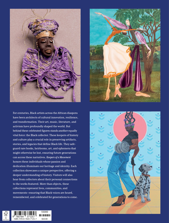 The back cover of Keepers of a Movement (Schiffer Publishing, Ltd.) displays a portrait in purple fabric, two dancers in a garden, and someone in blue with a Dalmatian, plus text highlighting Black artists and the impact of Black art.