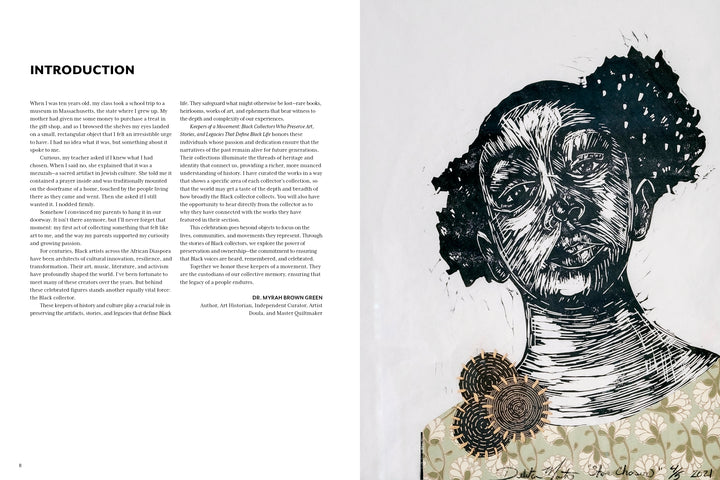 In "Keepers of a Movement" by Schiffer Publishing, Ltd., an open book spread features an introduction on the left and a black-and-white portrait of a woman on the right, adorned with textured patterns and floral designs, celebrating Black artists.