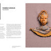 A magazine spread for "Keepers of a Movement" by Schiffer Publishing, Ltd.: On the left, an interview with Tambra Chisolm holding a framed photo; on the right, a sculpted bust inspired by the African diaspora in earthy tones and pink.