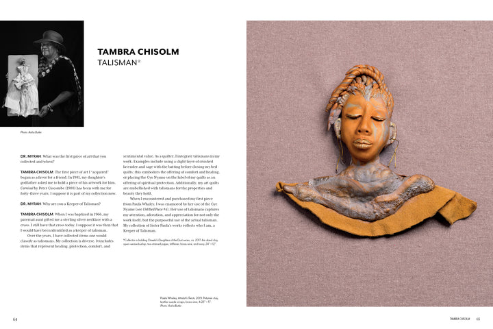 A magazine spread for "Keepers of a Movement" by Schiffer Publishing, Ltd.: On the left, an interview with Tambra Chisolm holding a framed photo; on the right, a sculpted bust inspired by the African diaspora in earthy tones and pink.