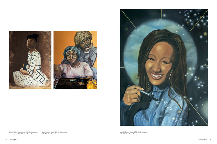A photo of the art book "Keepers of a Movement" by Schiffer Publishing, Ltd. displays three portrait paintings: a girl in a checkered dress in profile, two smiling women in vibrant clothes, and a woman smiling with stars behind her.