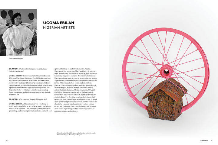 A woman in a white robe stands by a podium as art featured in "Keepers of a Movement" by Schiffer Publishing, Ltd.—like a vibrant pink bicycle wheel and house-shaped sculpture by Black artists—pops against the white background.