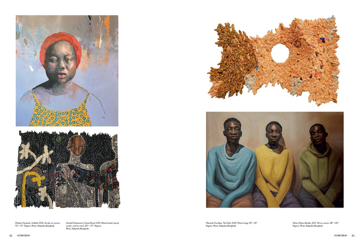 A magazine spread features "Keepers of a Movement" by Schiffer Publishing, Ltd., showcasing four artworks—spotlighting Black artists from the African diaspora with portraits, textures, abstracts, and realist pieces.