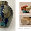 Keepers of a Movement" by Schiffer Publishing, Ltd. features four ceramic vessels: a two-faced, colorful vase inspired by the African diaspora, and three abstract pottery pieces in neutral and pastel hues set against a white background.
