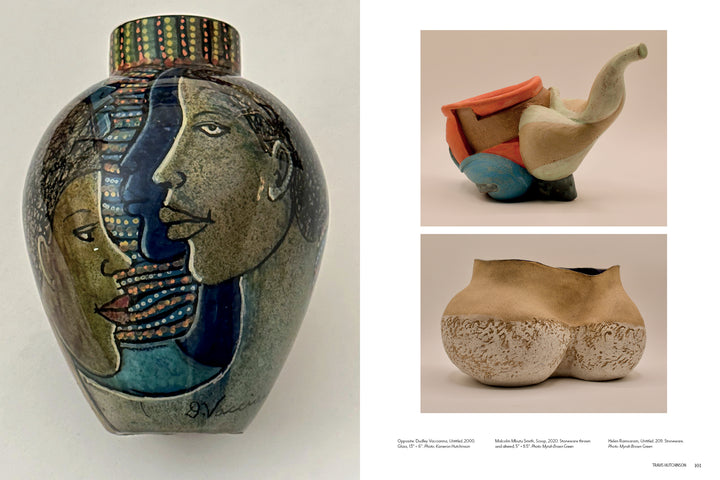 Keepers of a Movement" by Schiffer Publishing, Ltd. features four ceramic vessels: a two-faced, colorful vase inspired by the African diaspora, and three abstract pottery pieces in neutral and pastel hues set against a white background.