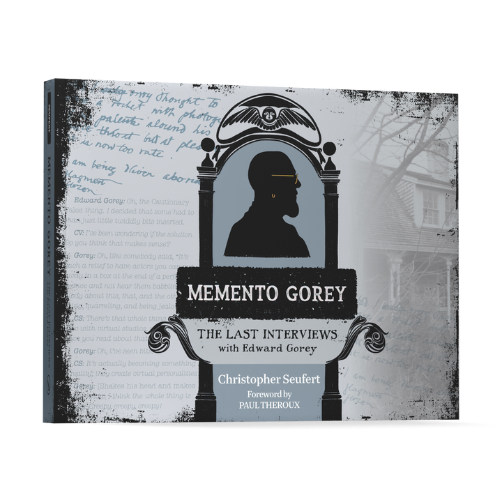 The book cover for Memento Gorey by Schiffer Publishing, Ltd. shows a black profile silhouette of a man, handwritten notes, and rare unpublished photographs in the background.