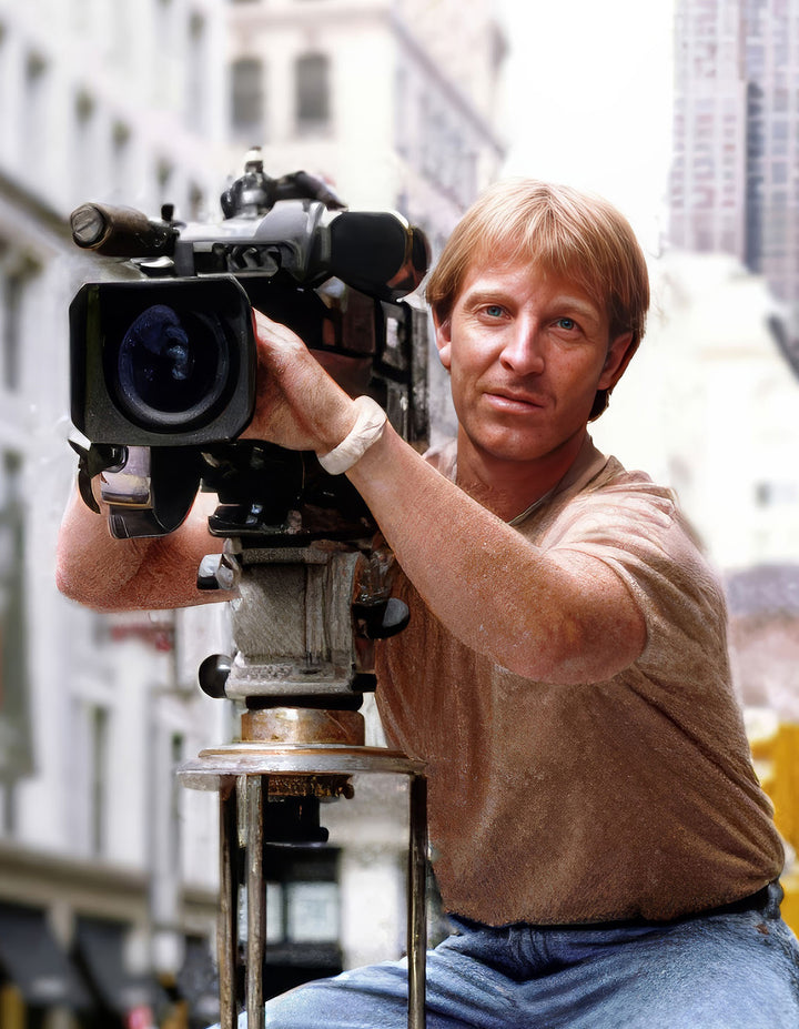 A man in a beige t-shirt and jeans films Memento Gorey interviews for Schiffer Publishing, Ltd. with a large camera on a tripod in an urban setting, tall buildings visible in the background.