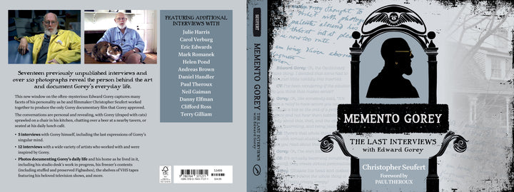 The front and back cover of Memento Gorey by Schiffer Publishing, Ltd. display Edward Gorey photos, book information, an interviews list, plus a silhouette illustration set over handwritten notes and background sketches.