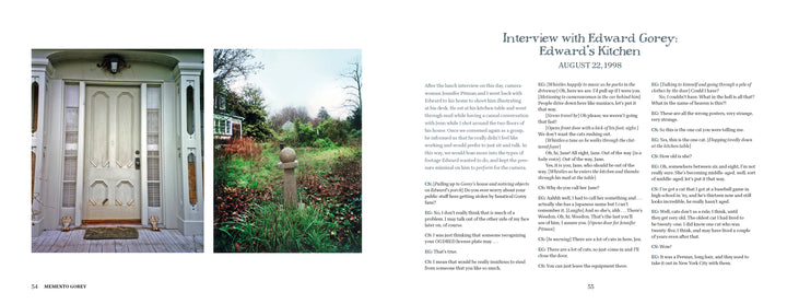 On the left: two photos—an ornate light-colored front door and a garden with a stone statue. On the right, text titled "Memento Gorey" (Schiffer Publishing, Ltd.) features unpublished Edward Gorey photos, dated August 22, 1998.