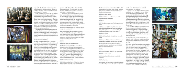 A spread in Schiffer Publishing, Ltd.'s *Memento Gorey* on pages 66–67 showcases six photos—pottery, blue glass floats, crowded bookshelves—amid dense interview columns and unpublished images. Page numbers are at the bottom corners.