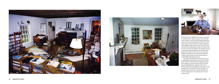 Memento Gorey by Schiffer Publishing, Ltd. features a collage: two photos of book-filled living rooms and a rare unpublished image of an older man smiling with a cat on his lap—ideal for any Gorey documentary.