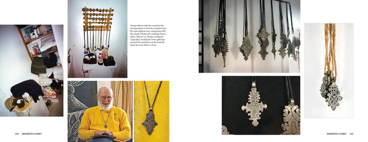 Memento Gorey by Schiffer Publishing, Ltd. features a photo collage with Ethiopian Orthodox crosses on cords, a man in a yellow sweater, bags and hats on shelves, and necklaces on hooks—all against white backgrounds.