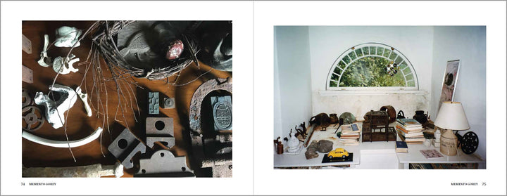 Left: Close-up of assorted objects like metal parts and figurines, reflecting unpublished photographs. Right: Desk with books, rocks, figurines, and a toy car below an arched window—Memento Gorey by Schiffer Publishing, Ltd.