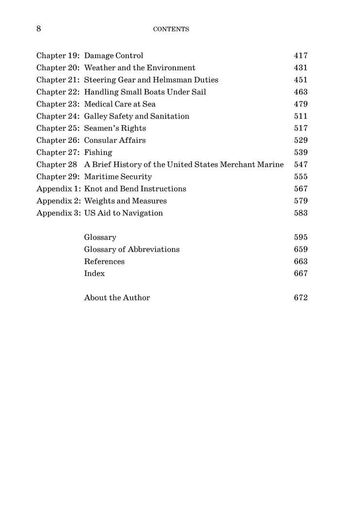 A table of contents from the American Merchant Seaman's Manual, 8th Edition (Schiffer Publishing, Ltd.) lists chapters 19–27, three appendices, glossary, references, index, and about the author with page numbers on the right.