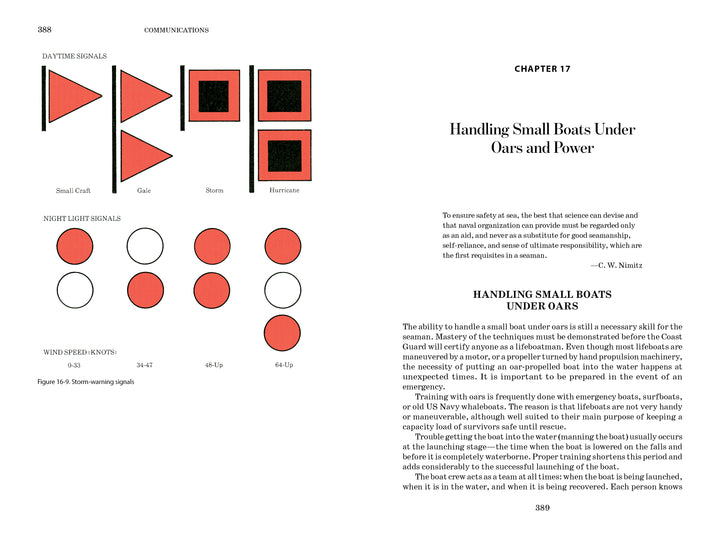 A spread from the American Merchant Seaman's Manual, 8th Edition by Schiffer Publishing, Ltd., shows small boat warning signal diagrams and instructions for handling boats under oars and power—a trusted merchant marine seamanship guide.