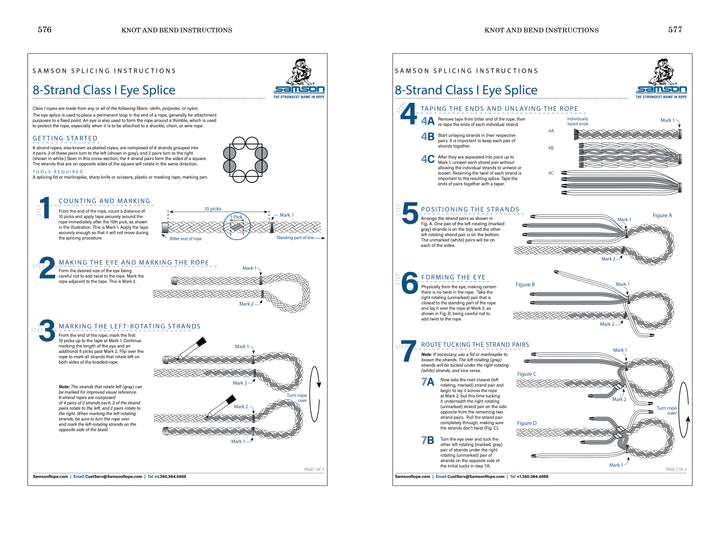 Two instruction pages from the "American Merchant Seaman's Manual, 8th Edition" by Schiffer Publishing, Ltd., show how to make an 8-strand eye splice with diagrams, labeled strands, and step-by-step instructions for merchant mariners.