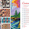 On the right, the table of contents for Commemorative American Quilts by Schiffer Publishing, Ltd. appears, while colorful quilting art and a landscape with a tree and river are shown on the left; chapter titles and page numbers appear in red and black.