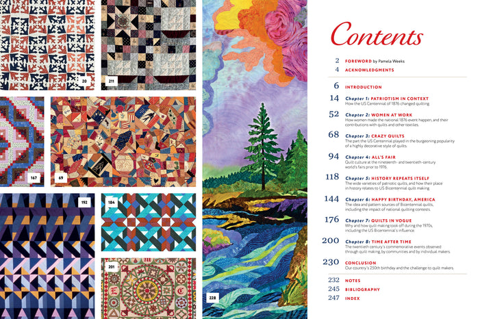 On the right, the table of contents for Commemorative American Quilts by Schiffer Publishing, Ltd. appears, while colorful quilting art and a landscape with a tree and river are shown on the left; chapter titles and page numbers appear in red and black.