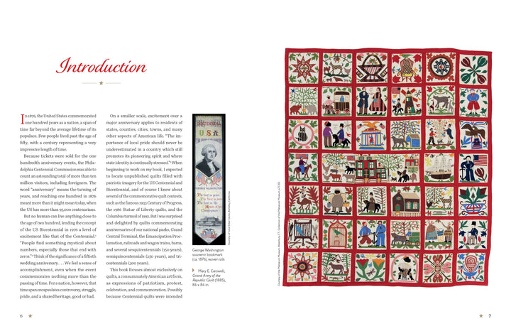 A two-page spread from Schiffer Publishing, Ltd.’s "Commemorative American Quilts": the left page shows a red-script “Introduction,” text column, and vertical quilt image; the right page displays a vibrant patchwork quilt celebrating women’s quilting history.