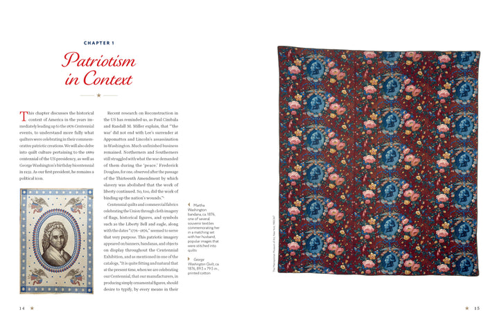 A book spread from "Commemorative American Quilts" by Schiffer Publishing, Ltd. shows the chapter title "Patriotism in Context" with George Washington's illustration on the left, and a vibrant eagle-and-floral motif quilt on the right.