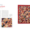 Commemorative American Quilts by Schiffer Publishing, Ltd. features a vibrant, detailed quilt of small fabric pieces on a white background with a red border, celebrating women’s quilting traditions. A close-up detail and text are shown on the left side.