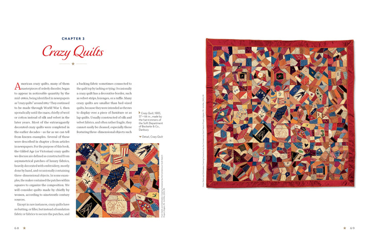 Commemorative American Quilts by Schiffer Publishing, Ltd. features a vibrant, detailed quilt of small fabric pieces on a white background with a red border, celebrating women’s quilting traditions. A close-up detail and text are shown on the left side.