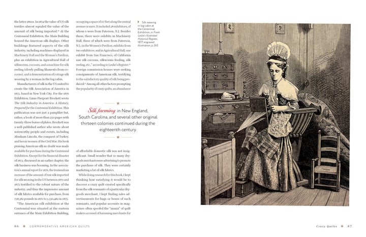 A historical illustration of a colonial woman spinning thread reflects the spirit of women’s quilting and early quilt history, as featured in Commemorative American Quilts by Schiffer Publishing, Ltd. Text about side farming appears opposite.
