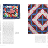 A two-page spread from Schiffer Publishing’s *Commemorative American Quilts* features American quilt history, text on quilts, a small photo of a flag-themed quilt, and a large image of a red, blue, and white log cabin design.