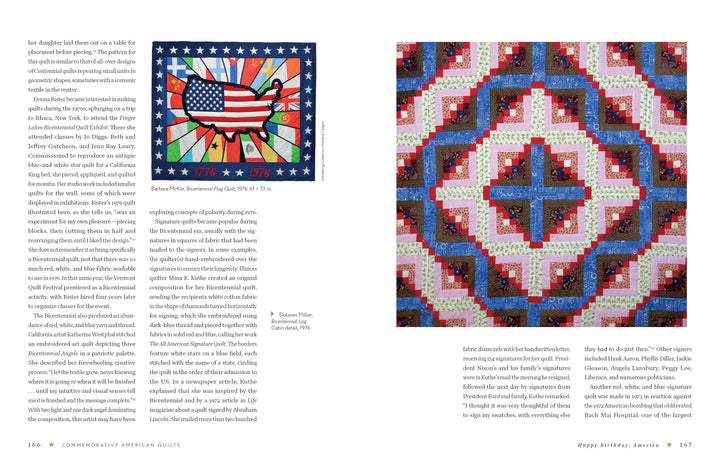 A two-page spread from Schiffer Publishing’s *Commemorative American Quilts* features American quilt history, text on quilts, a small photo of a flag-themed quilt, and a large image of a red, blue, and white log cabin design.