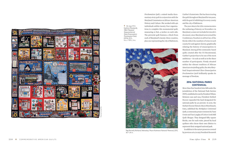 On the left page, Schiffer Publishing, Ltd.'s Commemorative American Quilts features colorful panels of U.S. National Parks; on the right, a Mount Rushmore quilt with an American flag background is displayed with park-related text.