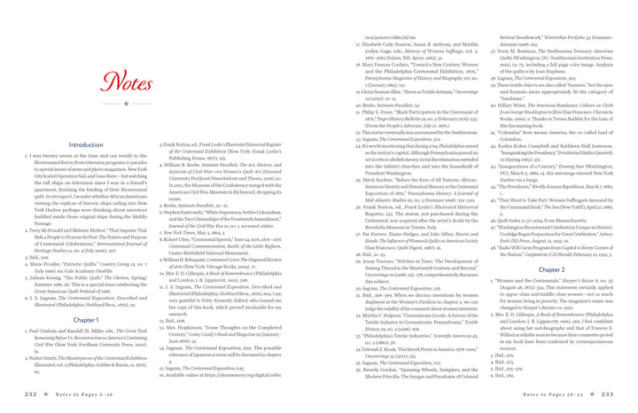 A two-page spread from "Commemorative American Quilts" by Schiffer Publishing, Ltd. shows a red “Notes” heading and numbered citations for the introduction, Chapter 1, and notes on quilting art and US history quilts in Chapter 2.