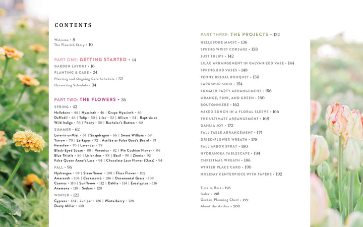 The Table of Contents in "Backyard Cutting Garden" by Schiffer Publishing, Ltd. lists sections and pages on flowers and arrangements over a blooming garden background, with a close-up of pink tulips on the right—ideal for flower gardening fans.