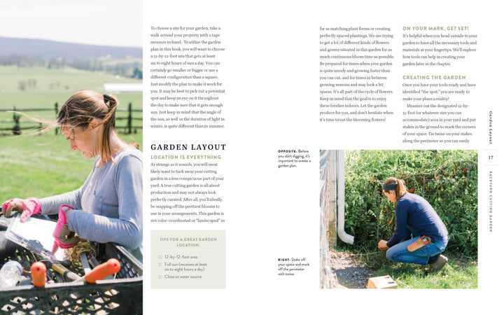 A woman in gloves readies tools at a table, while another tends flowers near a brick wall—a tranquil small-space gardening scene inspired by Backyard Cutting Garden from Schiffer Publishing, Ltd., with fields and trees in the background.