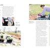 A woman kneels in a garden bed using Schiffer Publishing, Ltd.’s Backyard Cutting Garden, ideal for small spaces. Nearby are gardening tools and plant trays; insets feature seed trays and a gloved hand planting a sprout.