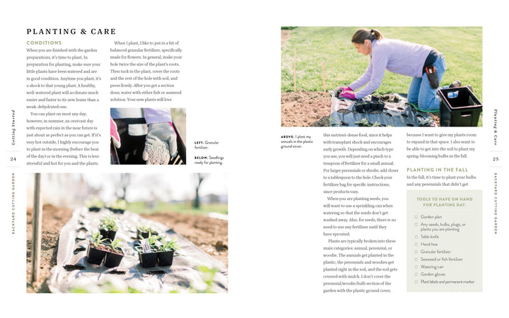A woman kneels in a garden bed using Schiffer Publishing, Ltd.’s Backyard Cutting Garden, ideal for small spaces. Nearby are gardening tools and plant trays; insets feature seed trays and a gloved hand planting a sprout.