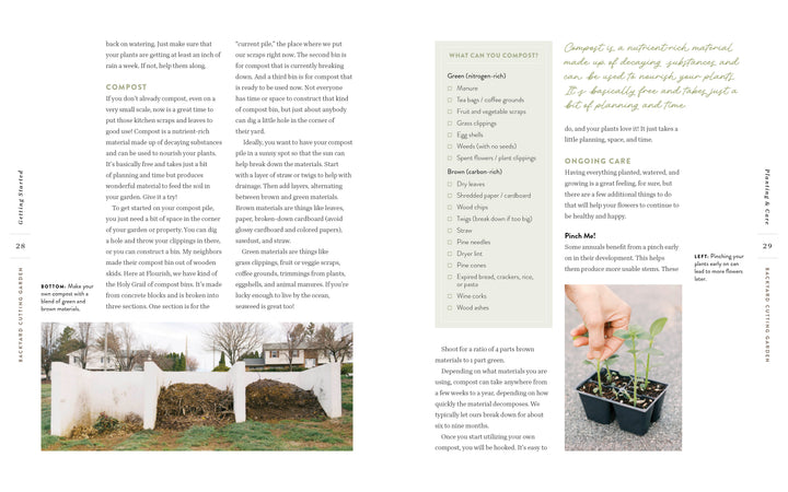 The Backyard Cutting Garden by Schiffer Publishing, Ltd. features three wooden compost bins for yard waste to enrich your backyard flower garden. A photo shows a hand planting a seedling, with a chart explaining composting basics and care.