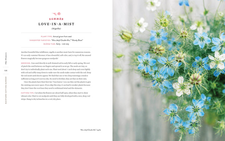 An open book spread of "Backyard Cutting Garden" by Schiffer Publishing, Ltd. shows info about Love-In-A-Mist on the left and a close-up of blue and white blooms with airy foliage on the right, against a softly blurred background.