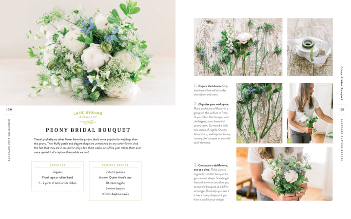 A step-by-step guide in "Backyard Cutting Garden" by Schiffer Publishing, Ltd. shows how to craft a peony bridal bouquet with green and white flowers, plus tips for making bouquets with backyard blooms and floral tape.