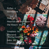 A table of contents overlays a top-down shot of vibrant crepe-paper flowers, patterned surfaces, and craft supplies from Schiffer Publishing, Ltd.'s Paper Flower Magic in striking sunlight and shadow.