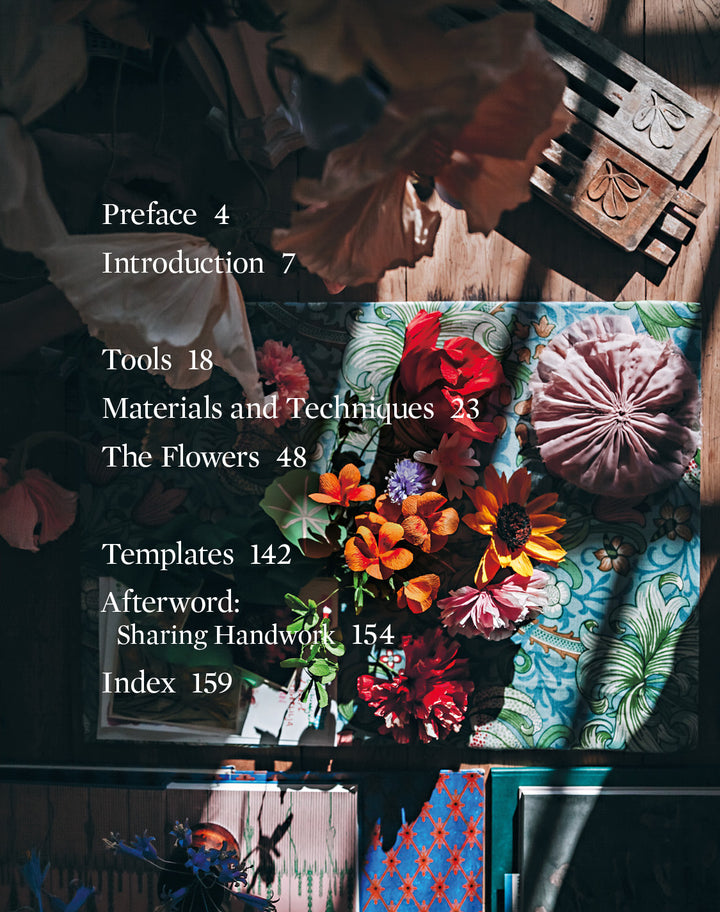 A table of contents overlays a top-down shot of vibrant crepe-paper flowers, patterned surfaces, and craft supplies from Schiffer Publishing, Ltd.'s Paper Flower Magic in striking sunlight and shadow.