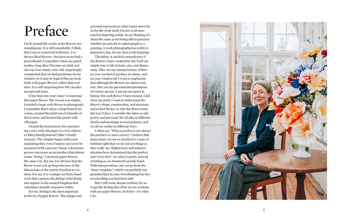 A two-page spread from Schiffer Publishing, Ltd.'s "Paper Flower Magic"—the left page presents a preface, while the right depicts a woman with glasses crafting vibrant crepe-paper flowers by a sunlit window.