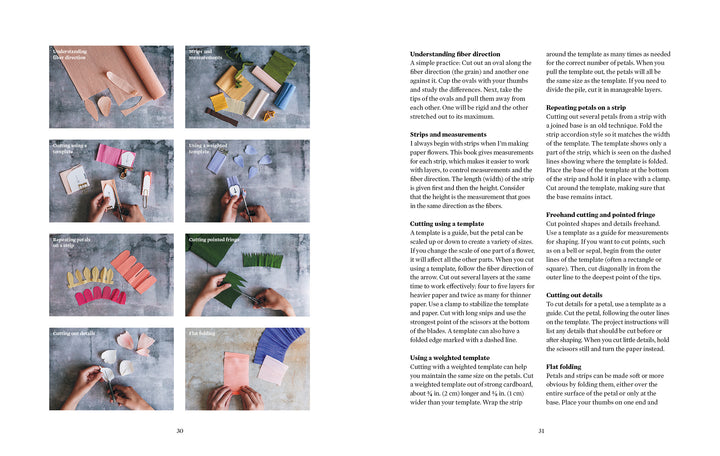 Eight step-by-step photos from Schiffer Publishing, Ltd.'s *Paper Flower Magic* show how to cut and shape colorful crepe-paper blooms. On the right, text details petal techniques and templates—essential for every paper florist.