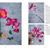 Step-by-step images from "Paper Flower Magic" by Schiffer Publishing, Ltd. show a pink crepe-paper bloom, separated petals on gray, and hands curling petals with tools and instructions for crafting lifelike paper flowers.