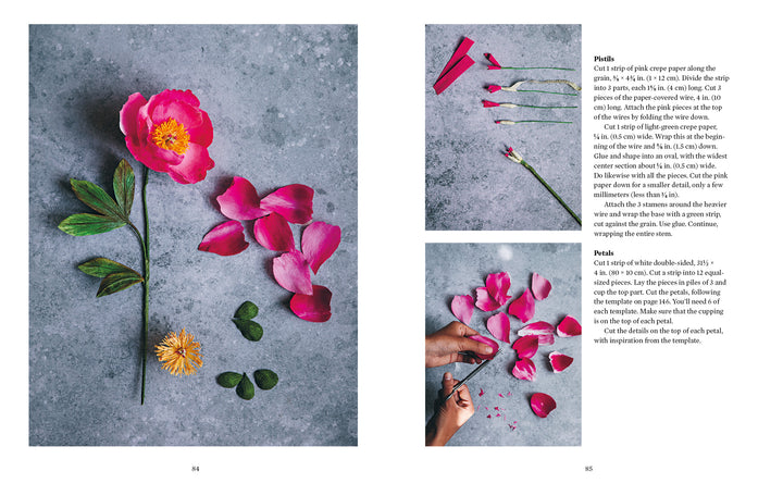 Step-by-step images from "Paper Flower Magic" by Schiffer Publishing, Ltd. show a pink crepe-paper bloom, separated petals on gray, and hands curling petals with tools and instructions for crafting lifelike paper flowers.