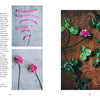 A two-page spread from "Paper Flower Magic" by Schiffer Publishing, Ltd. shows step-by-step photos of making pink crepe-paper flowers and a display of finished blooms with green leaves on a decorative background.