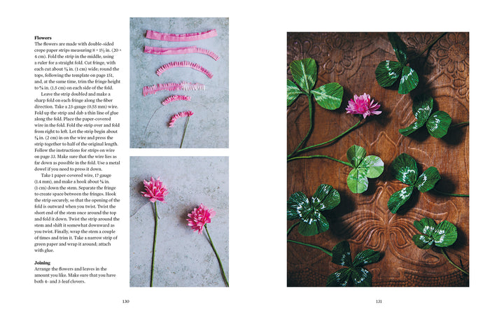 A two-page spread from "Paper Flower Magic" by Schiffer Publishing, Ltd. shows step-by-step photos of making pink crepe-paper flowers and a display of finished blooms with green leaves on a decorative background.