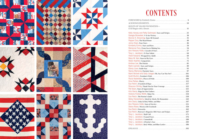 The contents page of "All-Star Quilts of Valor, 2nd Edition" by Schiffer Publishing, Ltd. features patriotic patterns and contributors in red and black text, with a grid of nine vibrant Quilts of Valor designs honoring veterans.