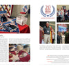 A magazine spread spotlights the 20th anniversary of Quilts of Valor with patriotic patterns from "All-Star Quilts of Valor, 2nd Edition" by Schiffer Publishing, Ltd., volunteer photos, a blue logo, and highlights honoring veterans.