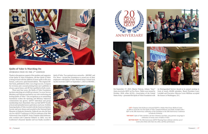 A magazine spread spotlights the 20th anniversary of Quilts of Valor with patriotic patterns from "All-Star Quilts of Valor, 2nd Edition" by Schiffer Publishing, Ltd., volunteer photos, a blue logo, and highlights honoring veterans.
